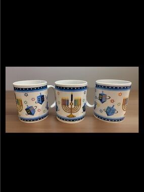 Hanukkah Menorah and Dreidel Ceramic Mug - Blue and Gold Vintage : Set of (3)